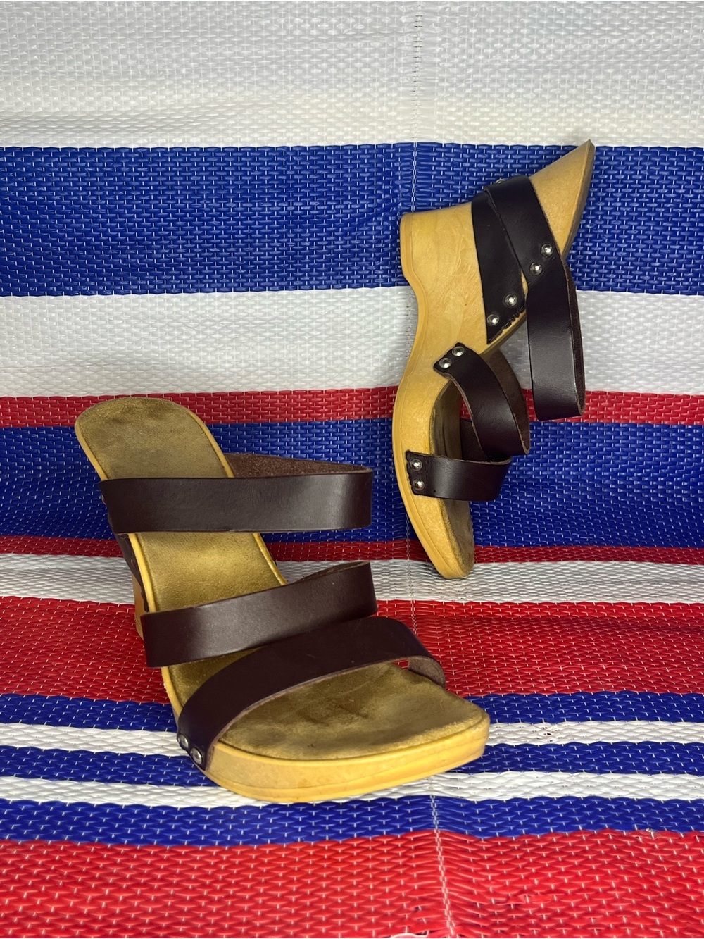 Made in Italy Wooden Platform Three Strap Wedge Sandals - Women’s Size 8 / EU 38 - Picture 9 of 10